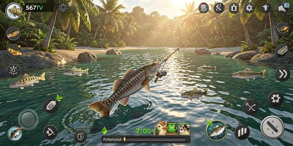 Screenshot gameplay 567TV yang menampilkan aksi memancing seru di berbagai lokasi.