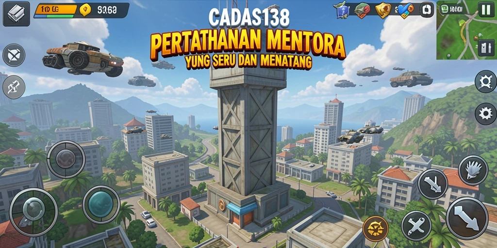 Tangkapan layar permainan Tower Defense yang mendebarkan dengan menara beraksi.