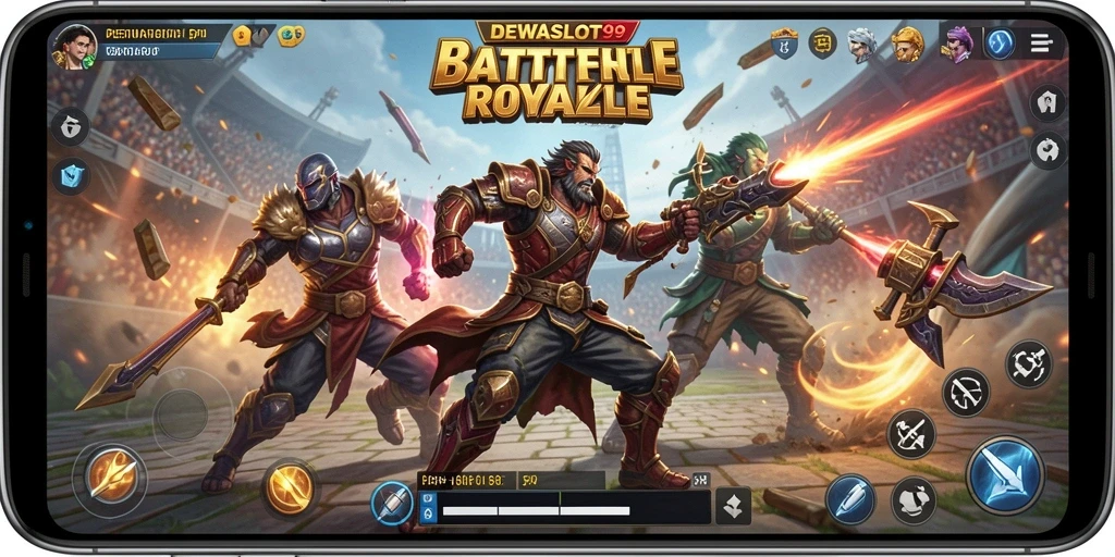 Tampilan gameplay seru DEWASLOT99 dalam pertempuran Battle Royale.