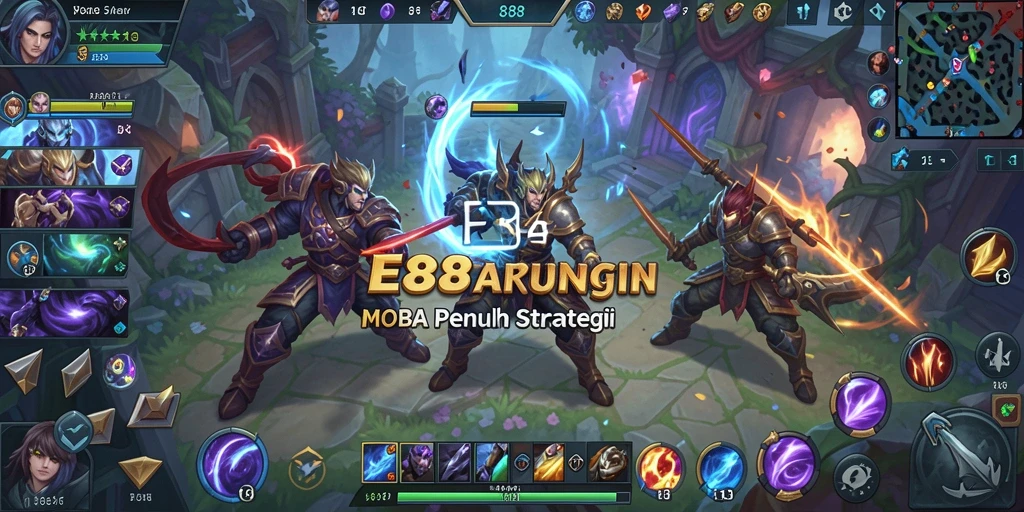 Tampilan E88 menampilkan aksi pertarungan seru antar tim dalam arena MOBA.