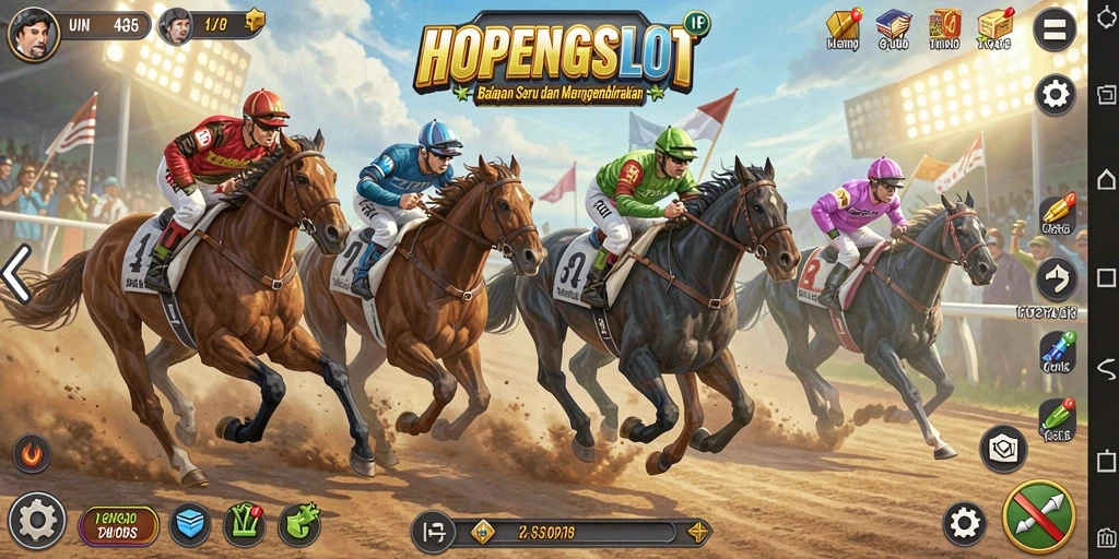 Screenshot gameplay HOPENGSLOT dengan aksi balapan yang mendebarkan.