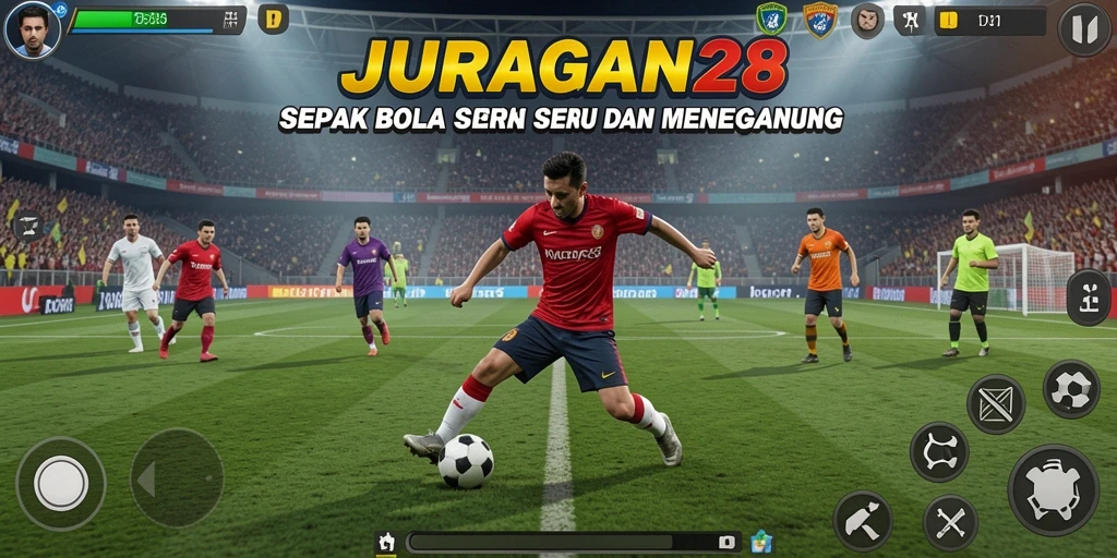 Screenshot utama JURAGAN28 menampilkan aksi seru di lapangan sepak bola.