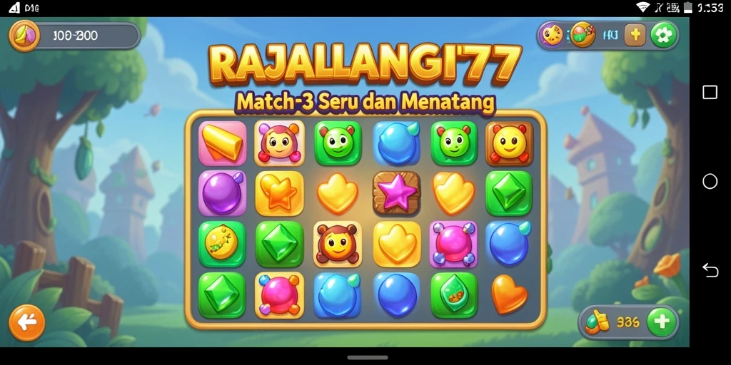 Tangkapan layar gameplay RAJALANGIT77 menampilkan aksi Match-3 yang seru.