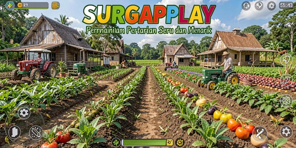 Screenshot gameplay SURGAPLAY menampilkan ladang yang subur dan beragam tanaman.