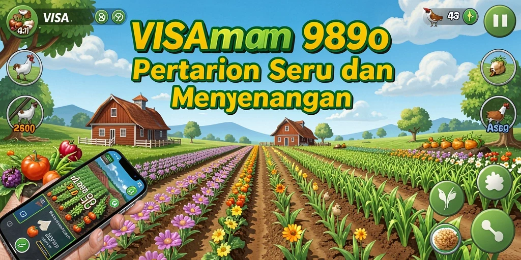 Screenshot gameplay VISA89 menampilkan ladang yang subur dan hewan ternak.